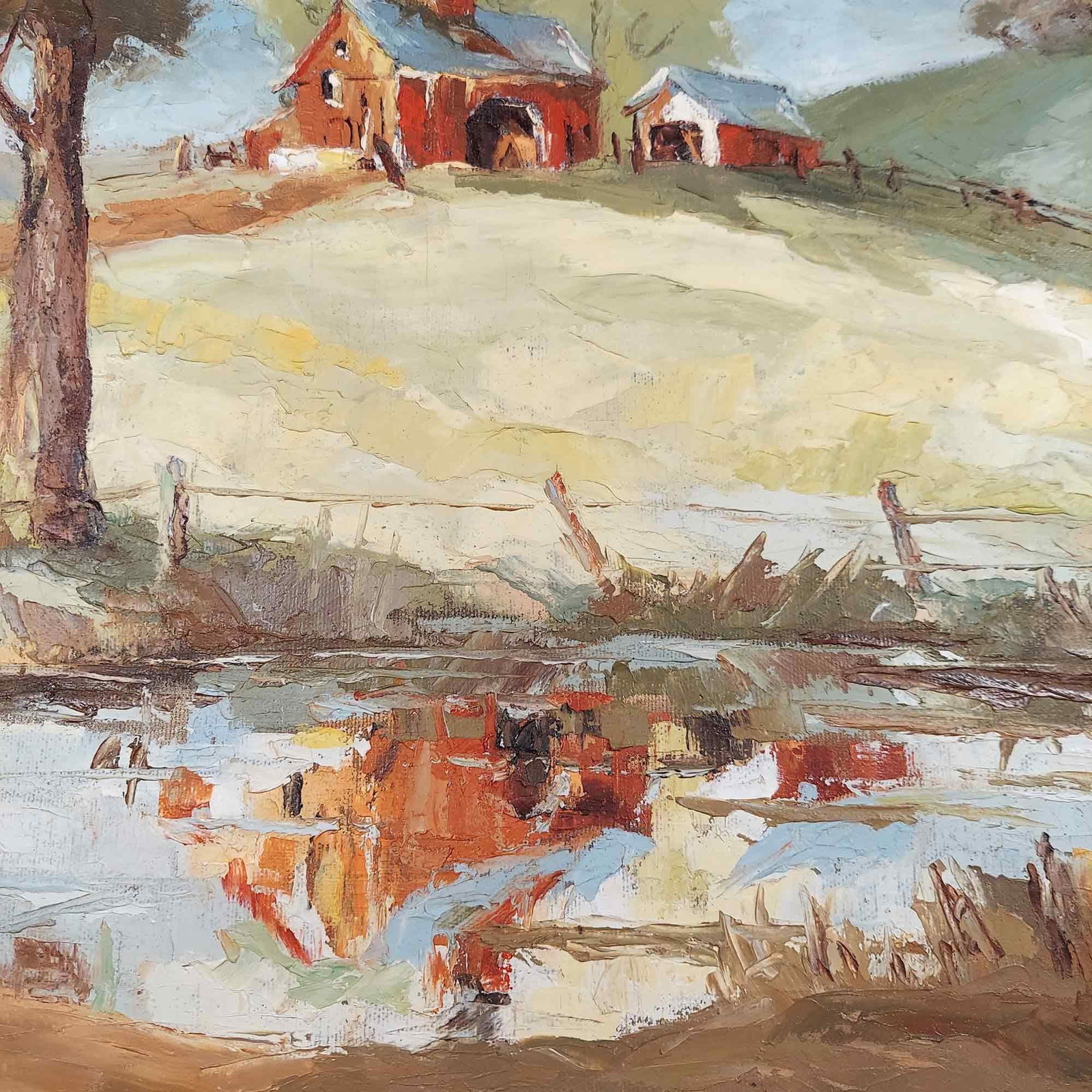 Mid 20th Century Vintage Painting Countryside Landscape Farm Barn Large Signed - 3