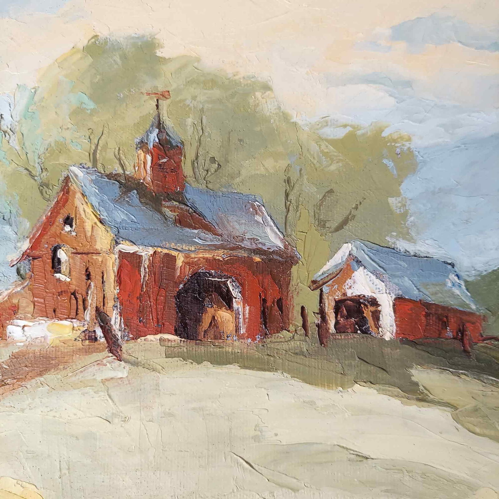 Mid 20th Century Vintage Painting Countryside Landscape Farm Barn Large Signed - 4