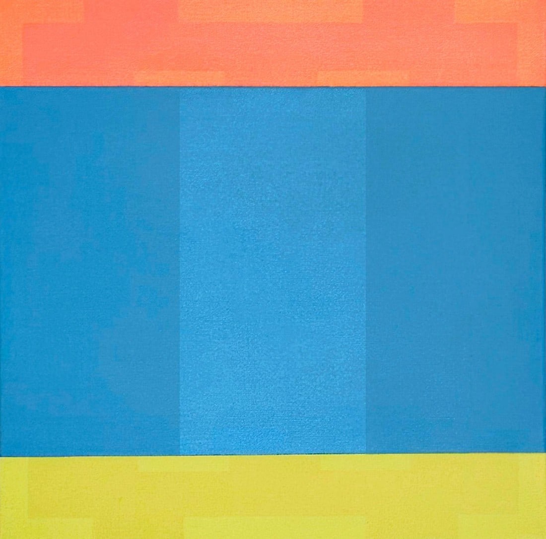 "Consolation" Contemporary Minimalist Geometric Oil Painting by Shyun Song: Sunset, still water, and pastures — silent nature always brings me solace in times of distress. Mother nature seems to offer us everything we need. Condition: Imperfections: No Imperfections Dim