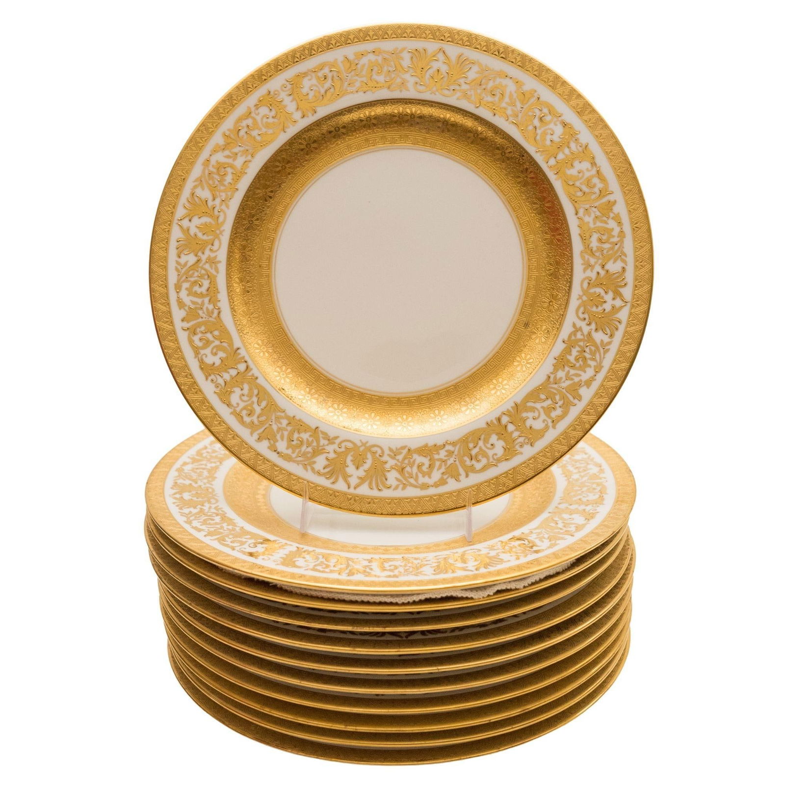 Gilt Encrusted Dinner Plates, Antique Custom Order with Wide Gold Banding - Set of 11 - 2