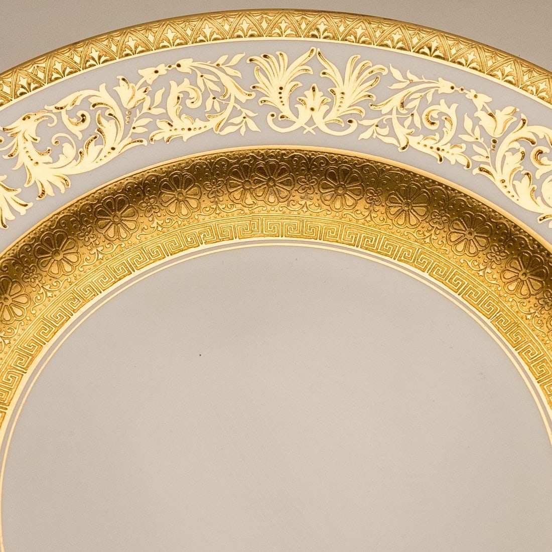 Gilt Encrusted Dinner Plates, Antique Custom Order with Wide Gold Banding - Set of 11 - 5