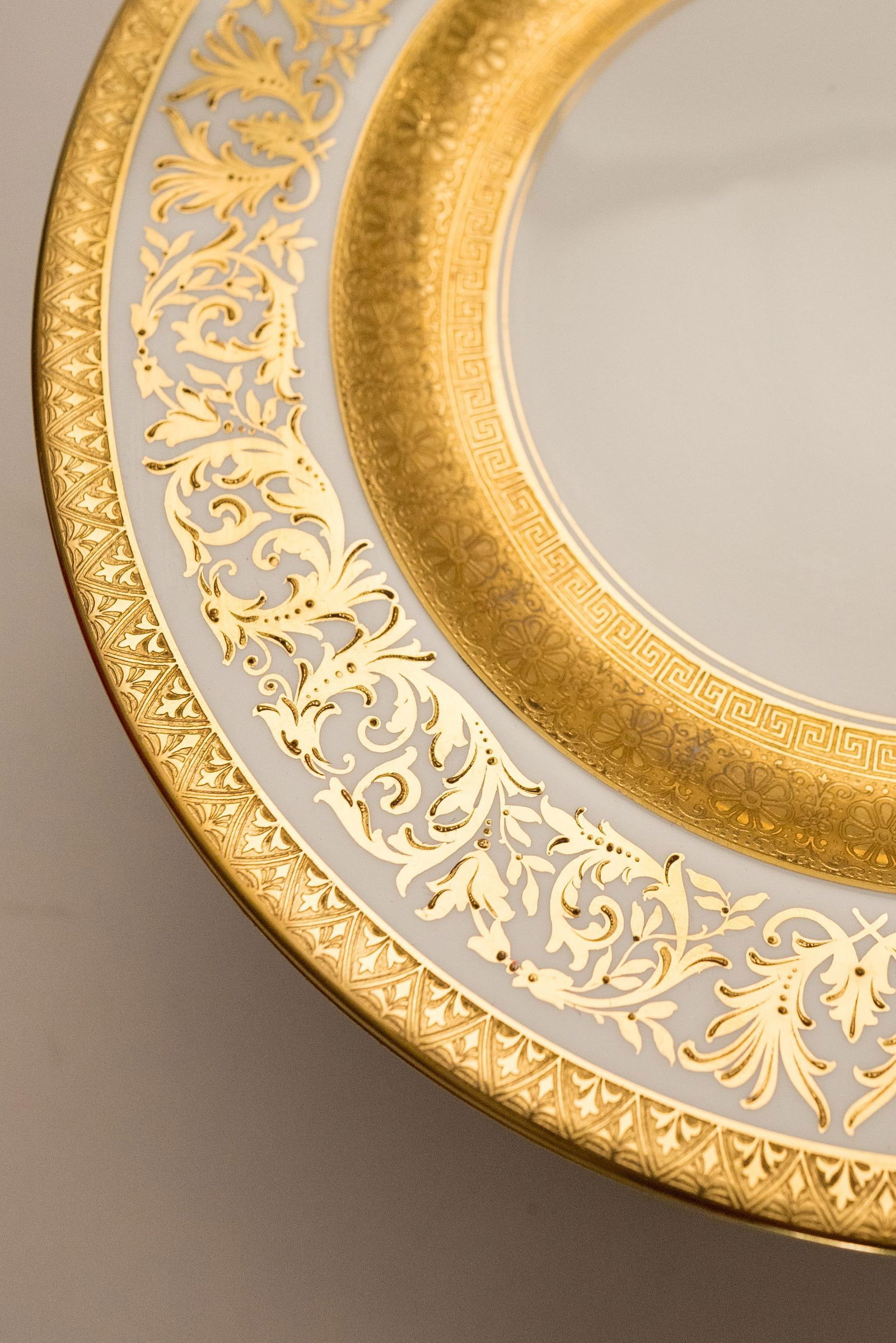 Gilt Encrusted Dinner Plates, Antique Custom Order with Wide Gold Banding - Set of 11 - 6