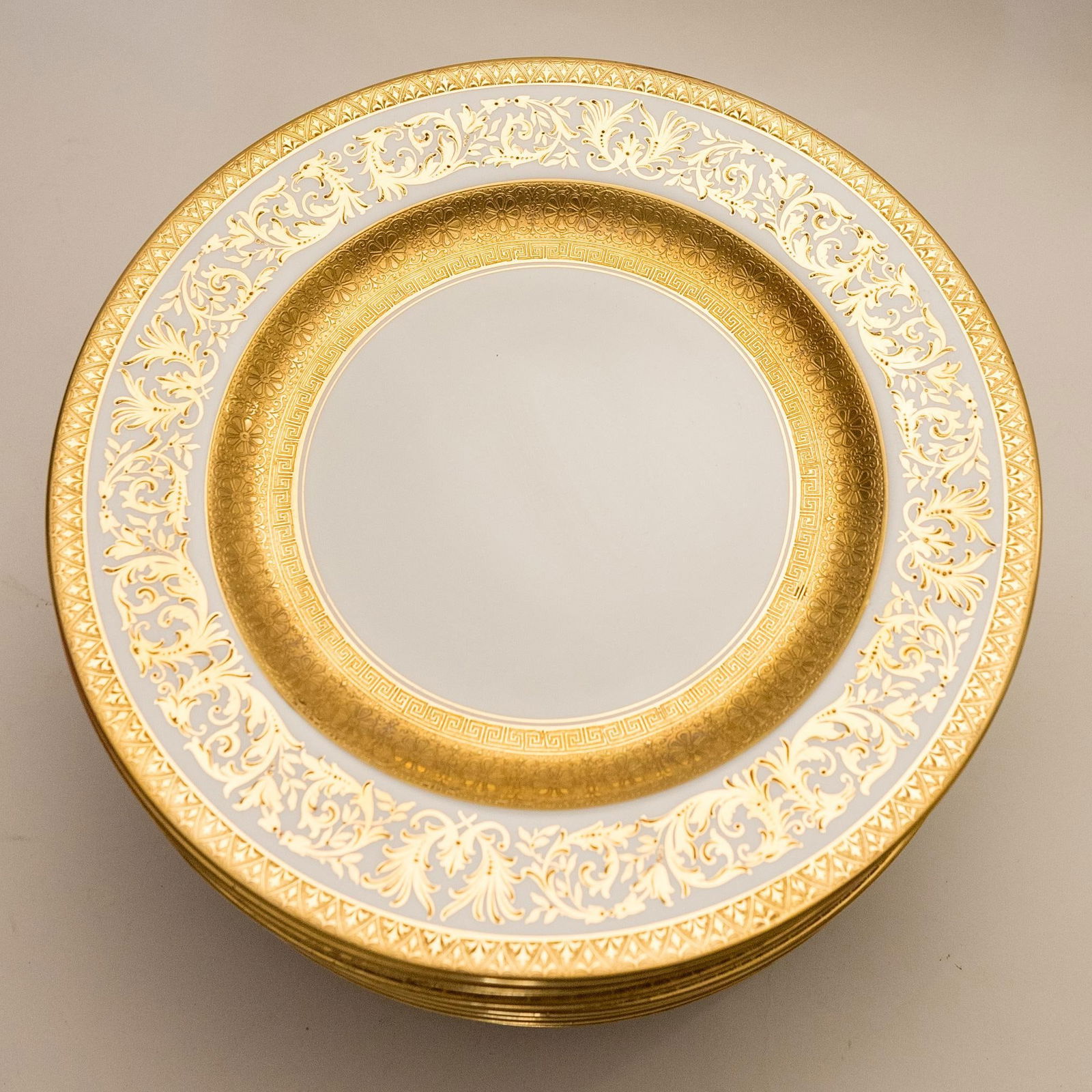 Gilt Encrusted Dinner Plates, Antique Custom Order with Wide Gold Banding - Set of 11 - 7