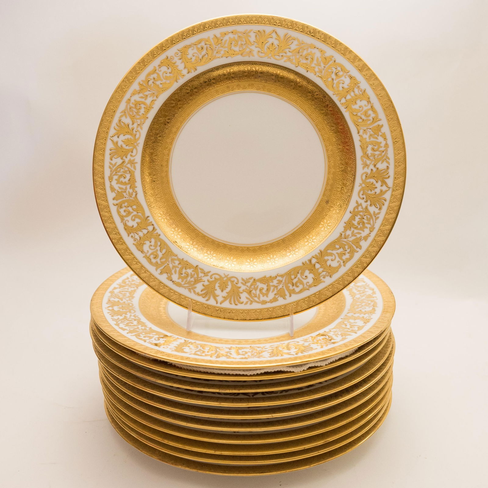 Gilt Encrusted Dinner Plates, Antique Custom Order with Wide Gold Banding - Set of 11 - 8