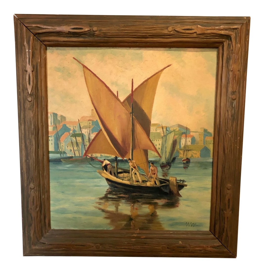 Art Deco Sailing Painting: Wonderful signed painting in original Art Deco carved wood frame by listed San Antonio, Texas artist/illustrator Gerald G. Estill, c. 1930. Dynamic composition of men at work on a small sailboat with