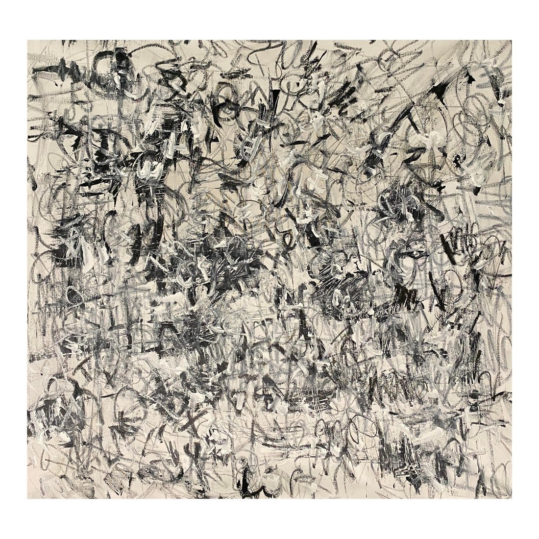 Sarah Trundle, Contemporary Abstract Black and White Painting, "Soup to Nuts": Acrylic and graphite on un-stretched canvas. Stretches to approximately 46 x 47or any smaller dimensions thereof. Full canvas dimension measure 53" H x 58 W". Signed on the verso. Can be hung in any o