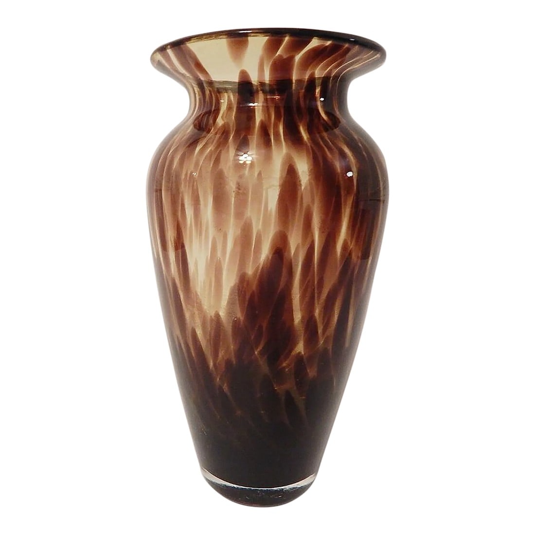 1960s Vintage Tortoise Shell Print Glass Vase: Stunning tortoise shell print decorative glass vase. Wonderful retro cool accent. Clear bottom. No nicks. Excellent, if not perfect condition. Love the shape of the glass. Measures, 8" tall and 4" wid