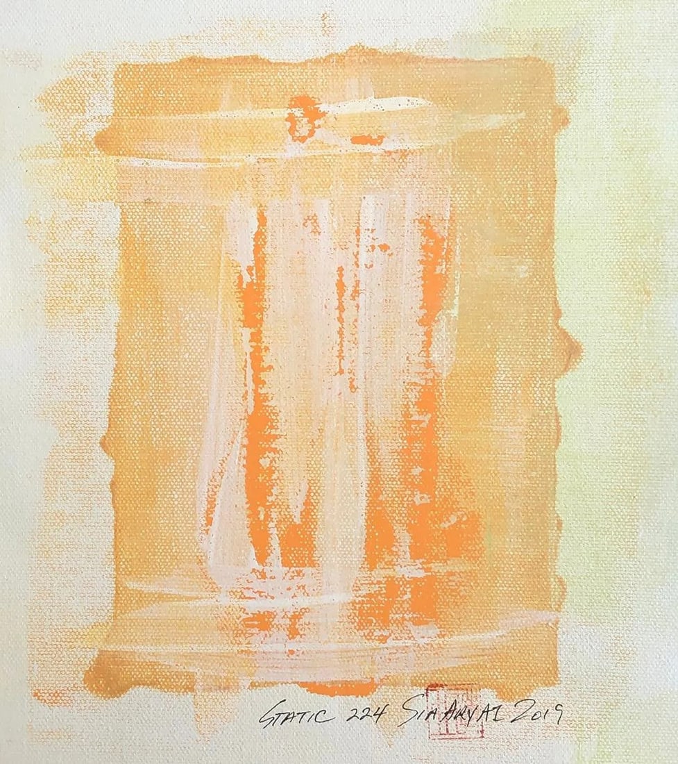 Abstract Static 224 Shades of Orange Painting: Bold energetic vibrant orange race across the palest white beige background. This lively original painting on canvas brings a pop of life to any room. See the others in the series to create a dramatic