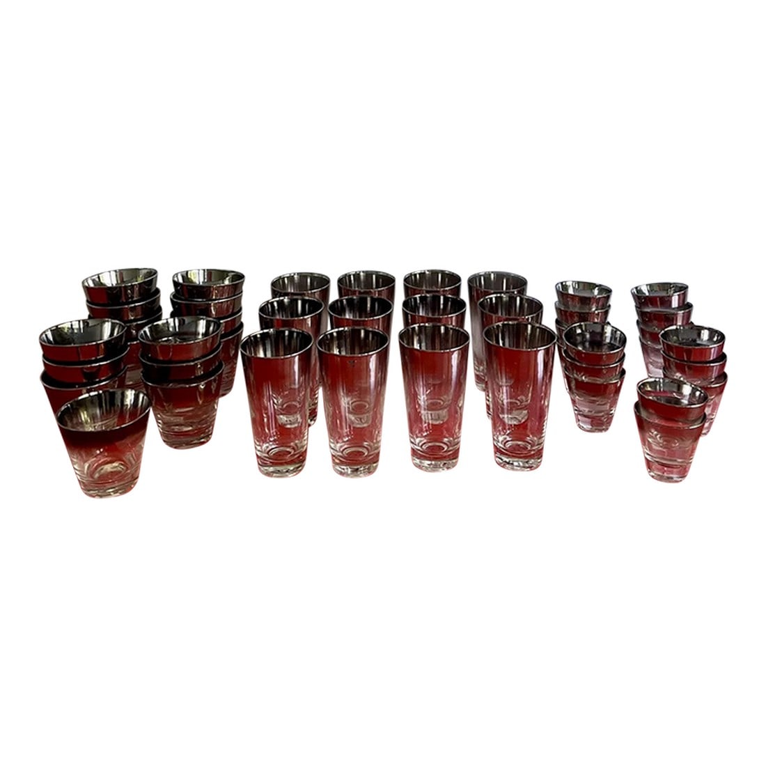 1960s Mercury Silver Fade Dorothy Thorpe Barware Set- 43 Pieces: PALM BEACH ESTATE FIND!! This is a HUGE LOT of true vintage Hollywood Regency style Mercury Silver Fade Dorothy Thorpe Barware. There are 43 Pieces in total including 3 sizes of glasses. You will rece