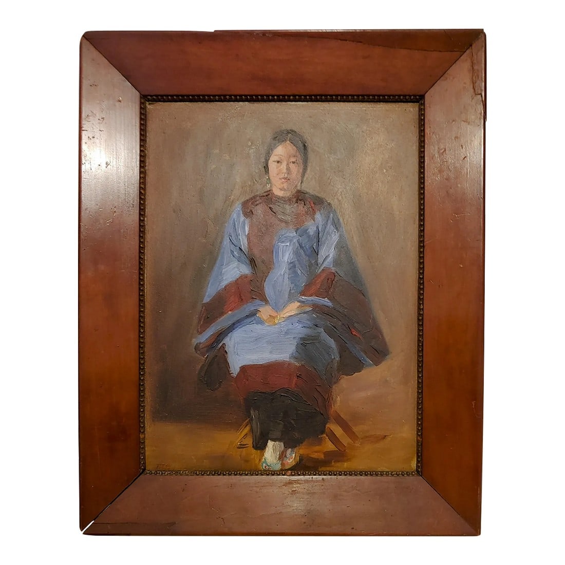 Late 19th Century Cantonese Woman in Traditional Costume Oil Painting, Framed: Here's a lovely oil on board portrait of a Cantonese woman in traditional costume. The artist was Alice Barber Alderman (1874-1920). She was from an influential family in Portland, Oregon. This painti
