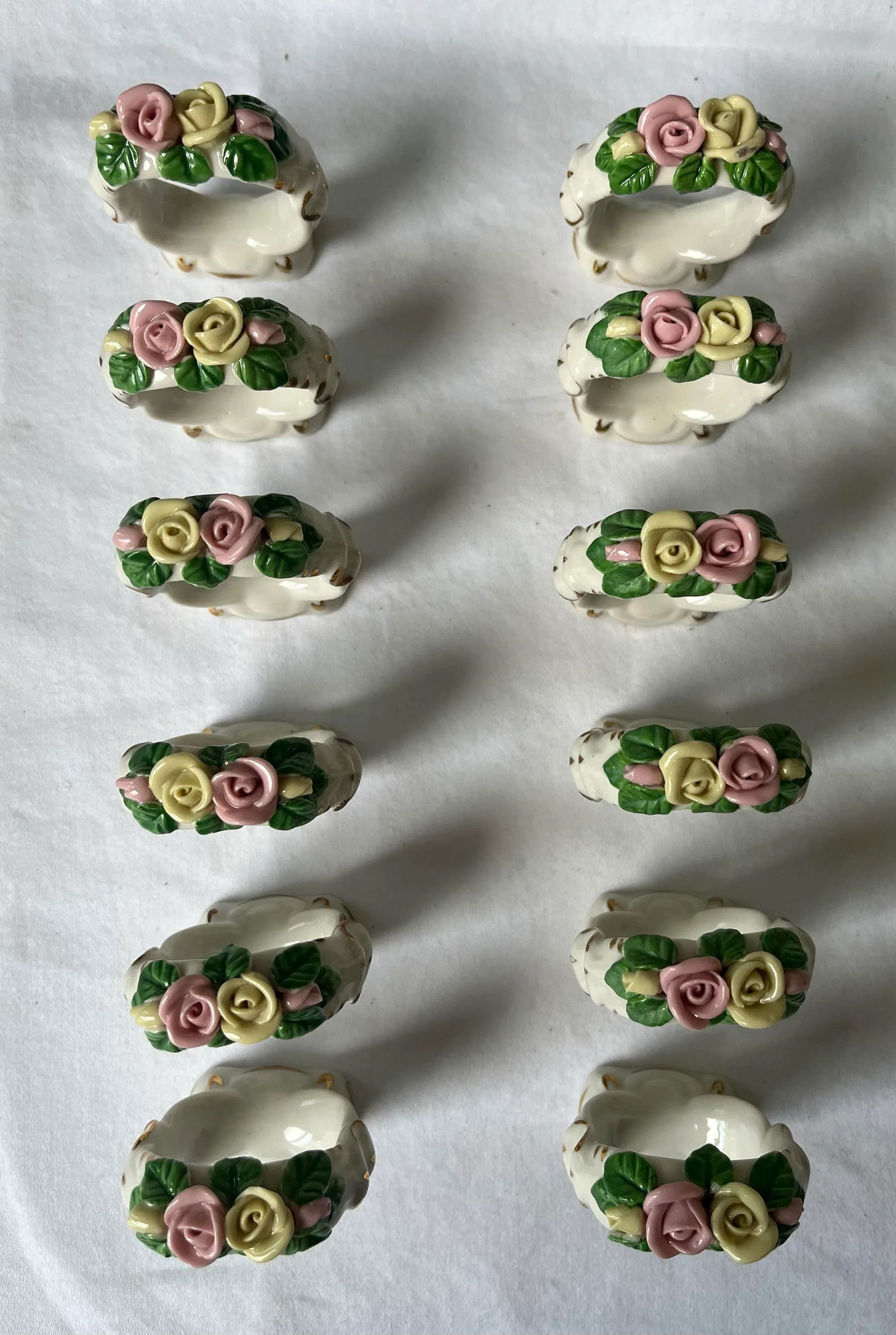 Vintage 1940s Dresden White Porcelain With Pastel Flower Napkin Ring Holders—Set of 12 - 2