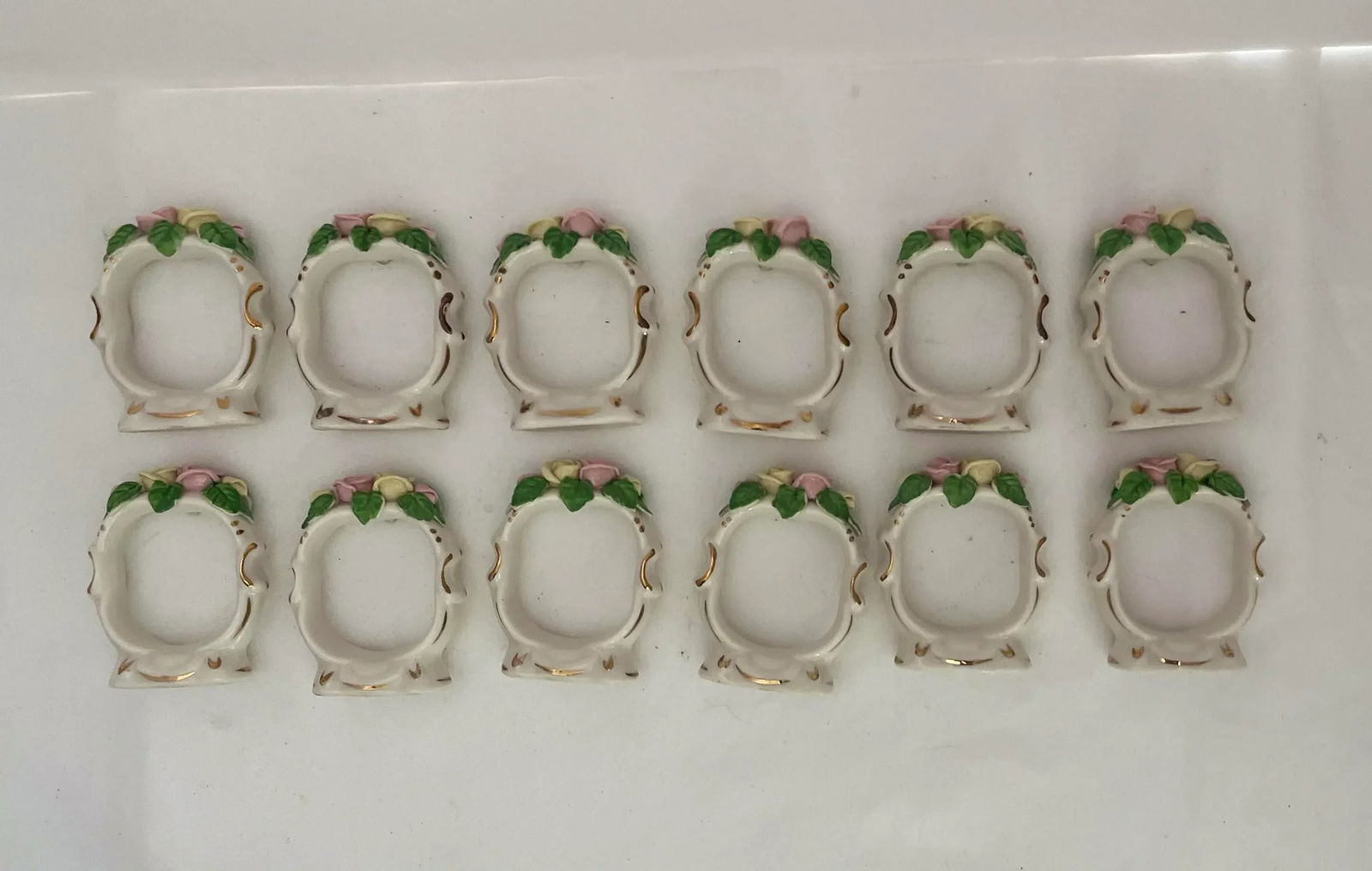 Vintage 1940s Dresden White Porcelain With Pastel Flower Napkin Ring Holders—Set of 12 - 3