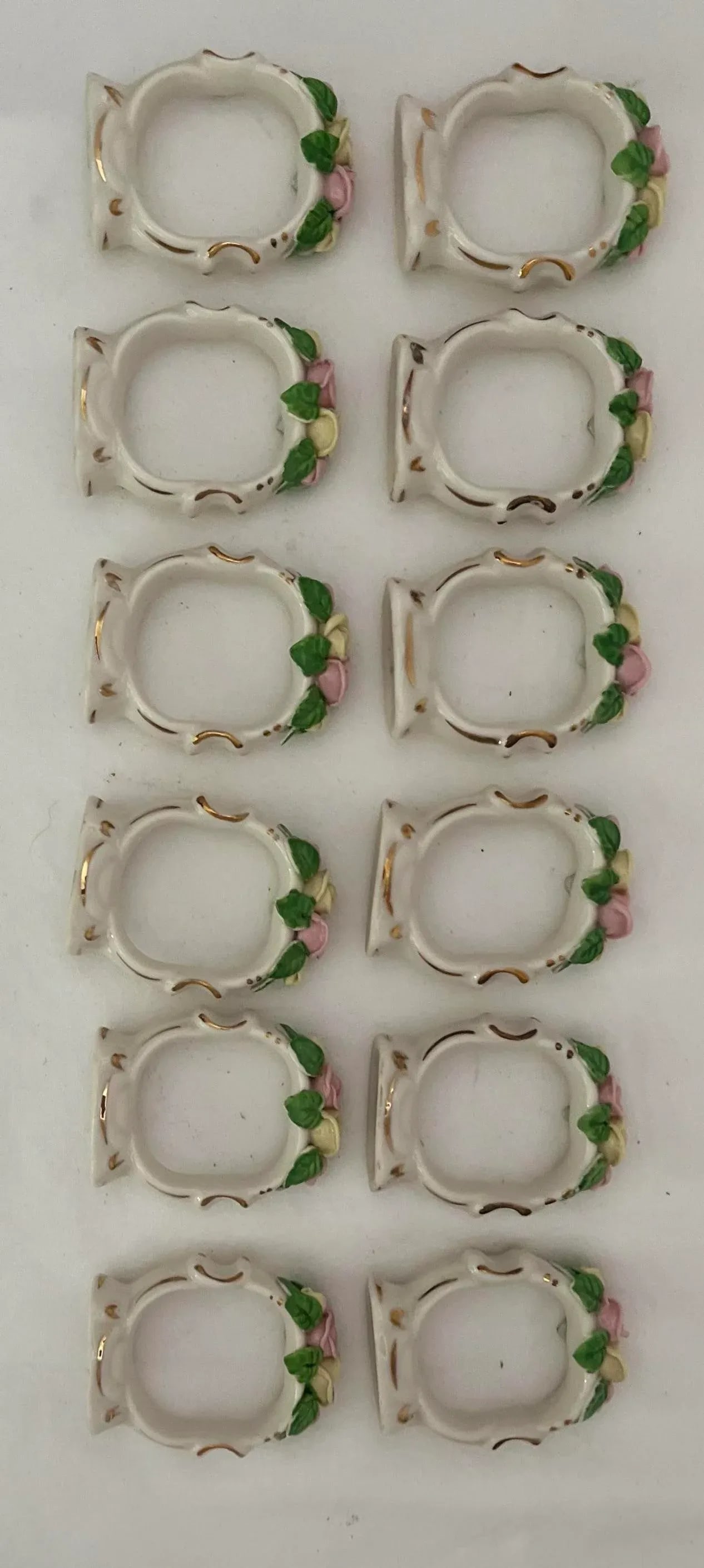 Vintage 1940s Dresden White Porcelain With Pastel Flower Napkin Ring Holders—Set of 12 - 5