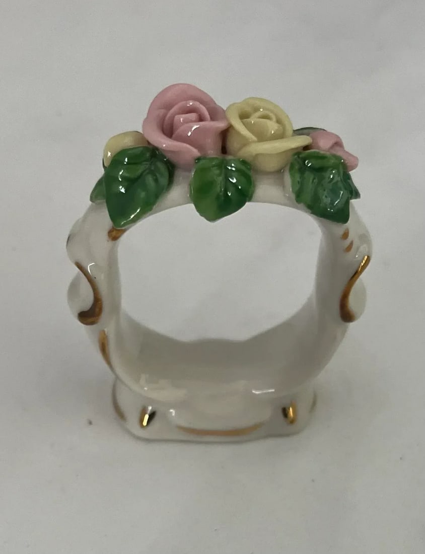 Vintage 1940s Dresden White Porcelain With Pastel Flower Napkin Ring Holders—Set of 12 - 6