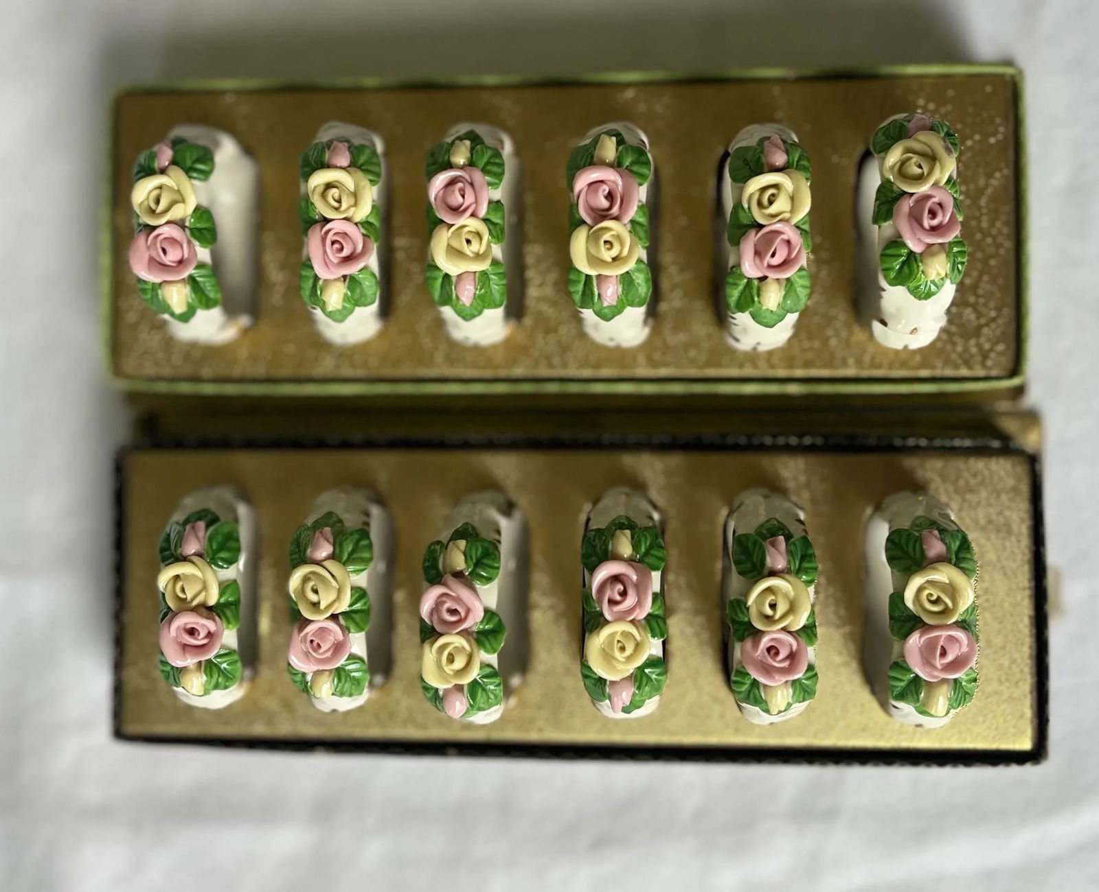 Vintage 1940s Dresden White Porcelain With Pastel Flower Napkin Ring Holders—Set of 12 - 7