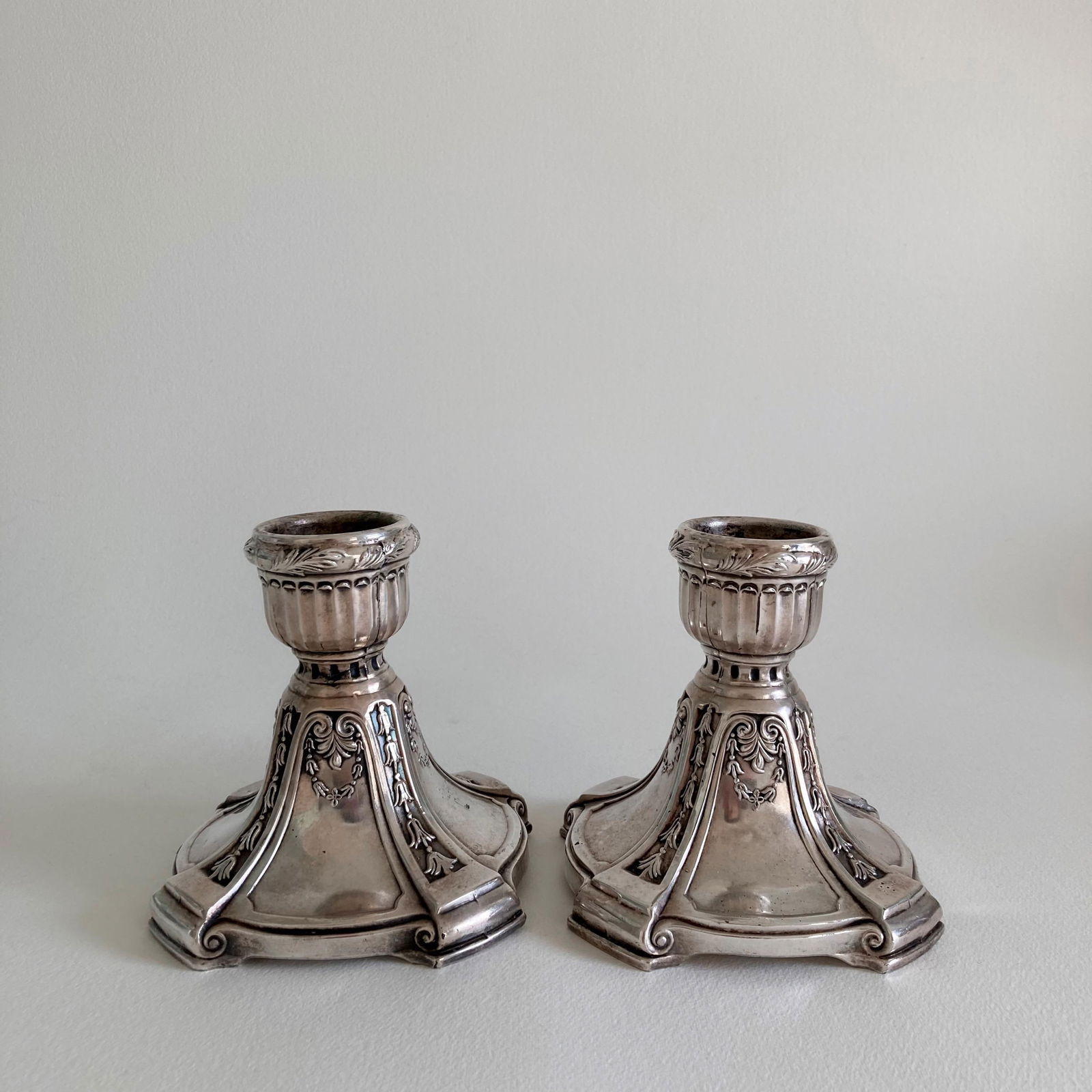 Circa 1900, Benedict Silver Plate Candlesticks, Set of 2, Edwardian Period, Floral Swag Scrollwork D - 13