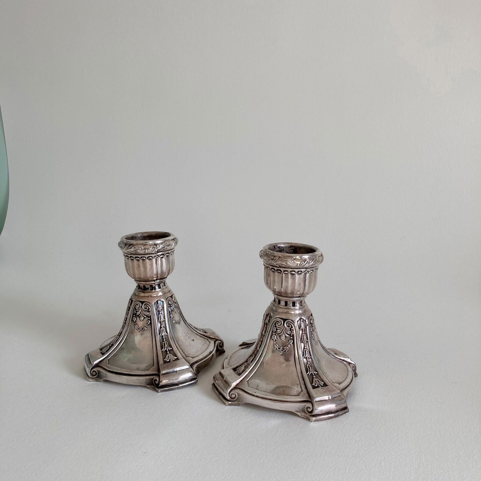 Circa 1900, Benedict Silver Plate Candlesticks, Set of 2, Edwardian Period, Floral Swag Scrollwork D - 6