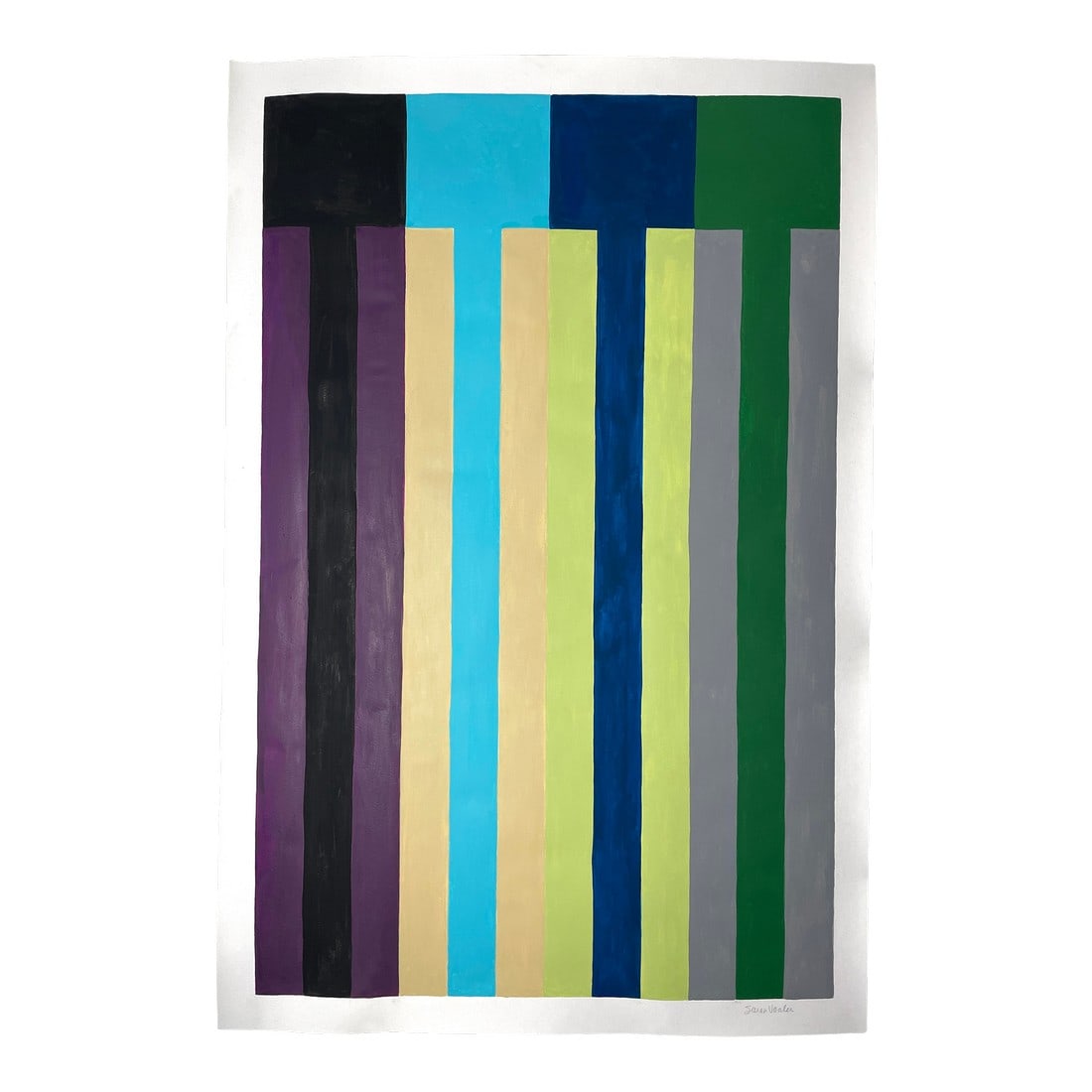 Stripe Painting With Blue and Green: This painting features bold vertical stripes with alternating blocks of blue and green. The regular geometric shapes and cool colors evoke nature, maybe trees—solid and peaceful. Made with acryl