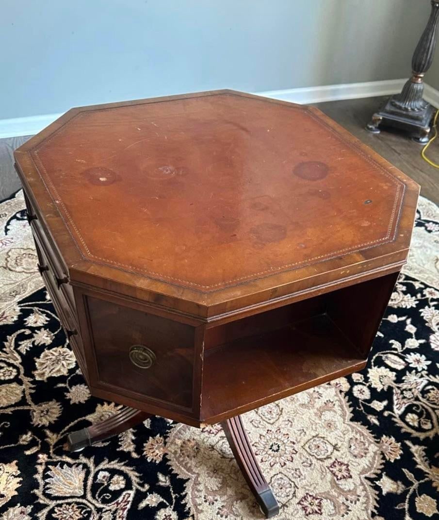 Vintage Henredon Leather Topped Rotating Table With Drawers - 2