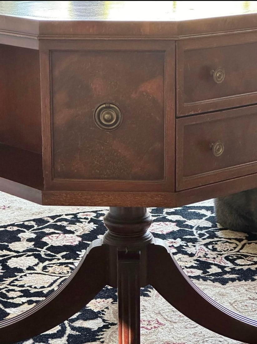 Vintage Henredon Leather Topped Rotating Table With Drawers - 3