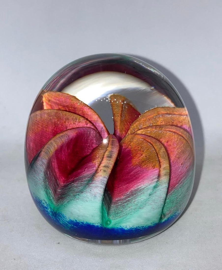 Epiphany 2003 Art Glass Orange Ruby Fruit / Blue Paperweight - 12