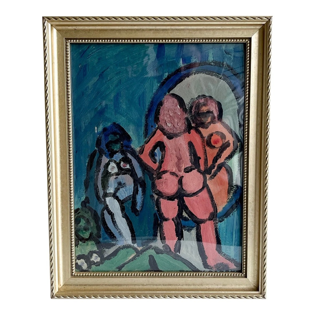 Abstract Female Nude Painting, Signed: Original painting, mid to late 20th century. Bright and colorful, depicting three nude female figures in vibrant red, blue and green on blue background. Signed lower right, Donny Marks. Gold frame wit