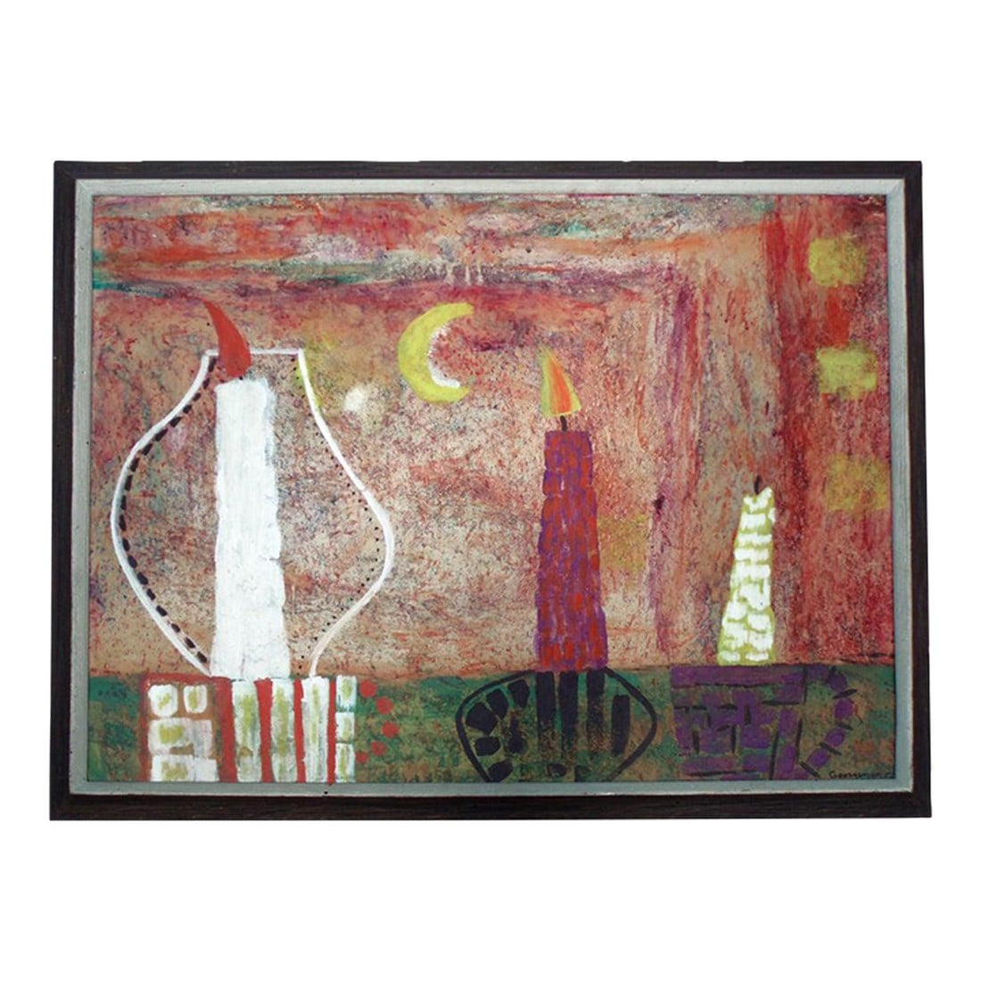 1950s Modern Oil Painting on Board "Eclipse by Candlelite" by William George Nes: Oil painting on board "Eclipse by Candlelite" by William George Nes. Condition: Alterations: Original Condition Unaltered Imperfections: Some Imperfections Condition Notes: Good Fine Untouched Origina