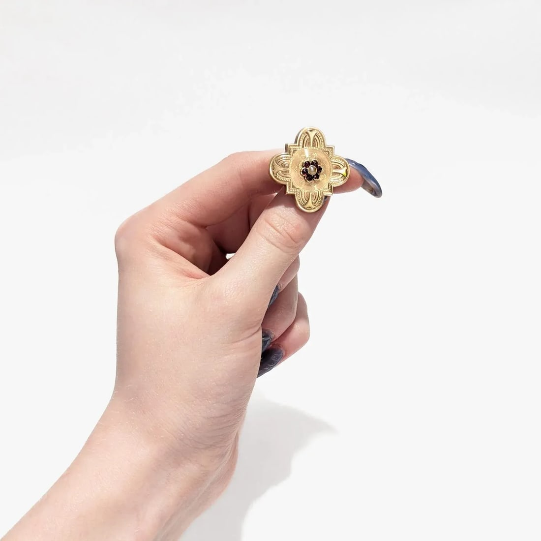 Antique Brite Cut Victorian 10k Gold, Garnet, & Pearl Brooch - 10