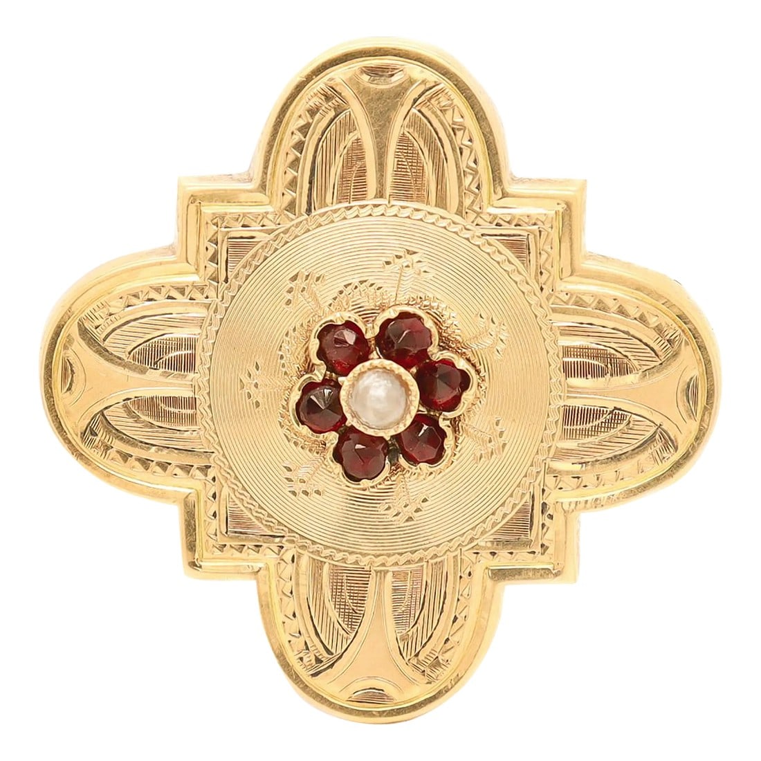 Antique Brite Cut Victorian 10k Gold, Garnet, & Pearl Brooch (1 of 10)