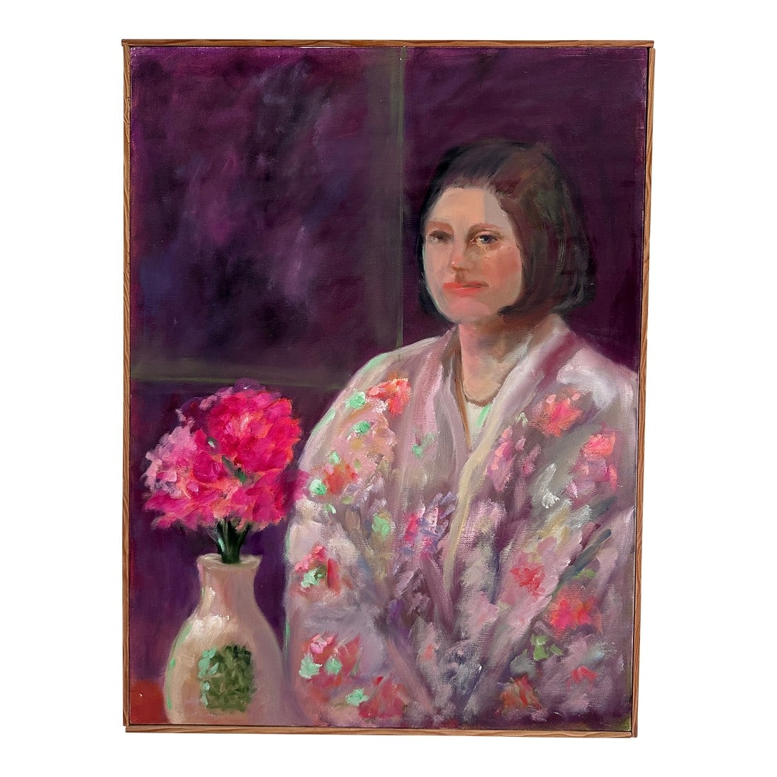 Vintage Mid 20th Century Original Female Portrait: Vintage Portrait of a Woman Beautiful portrait painting featuring great use of color. Flowers in pink, a kimono or robe in pink floral, the woman sits before a plum background. Age unknown, possibly 7
