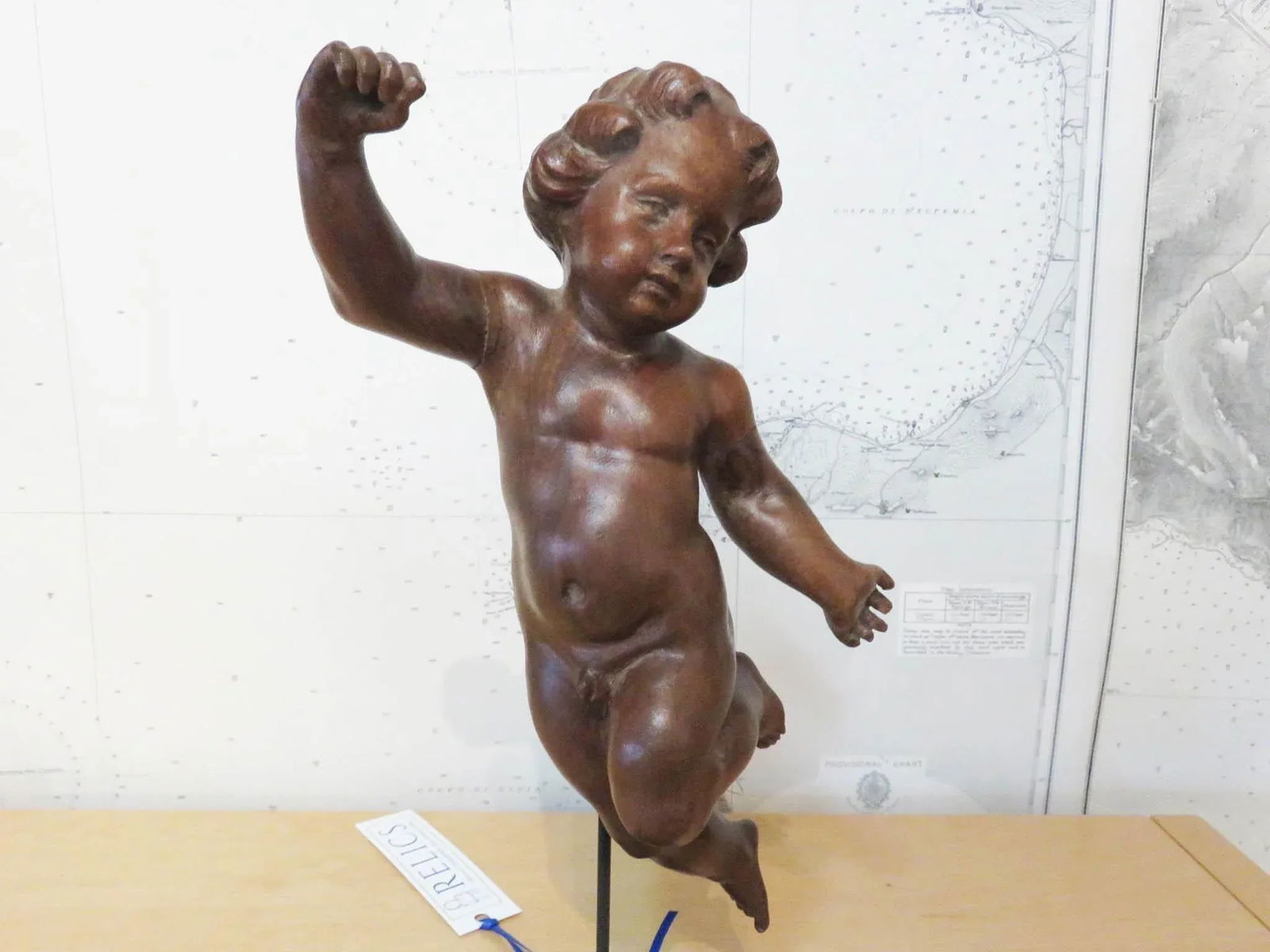 Antique Spanish Walnut Cherub on Custom Iron Stand - 2