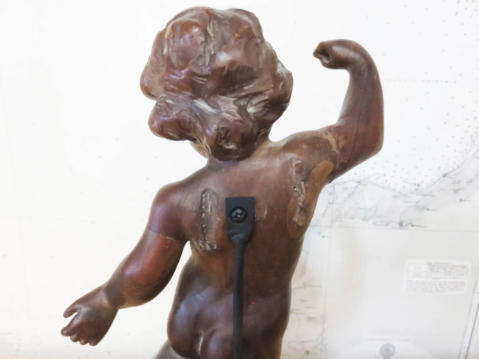 Antique Spanish Walnut Cherub on Custom Iron Stand - 3