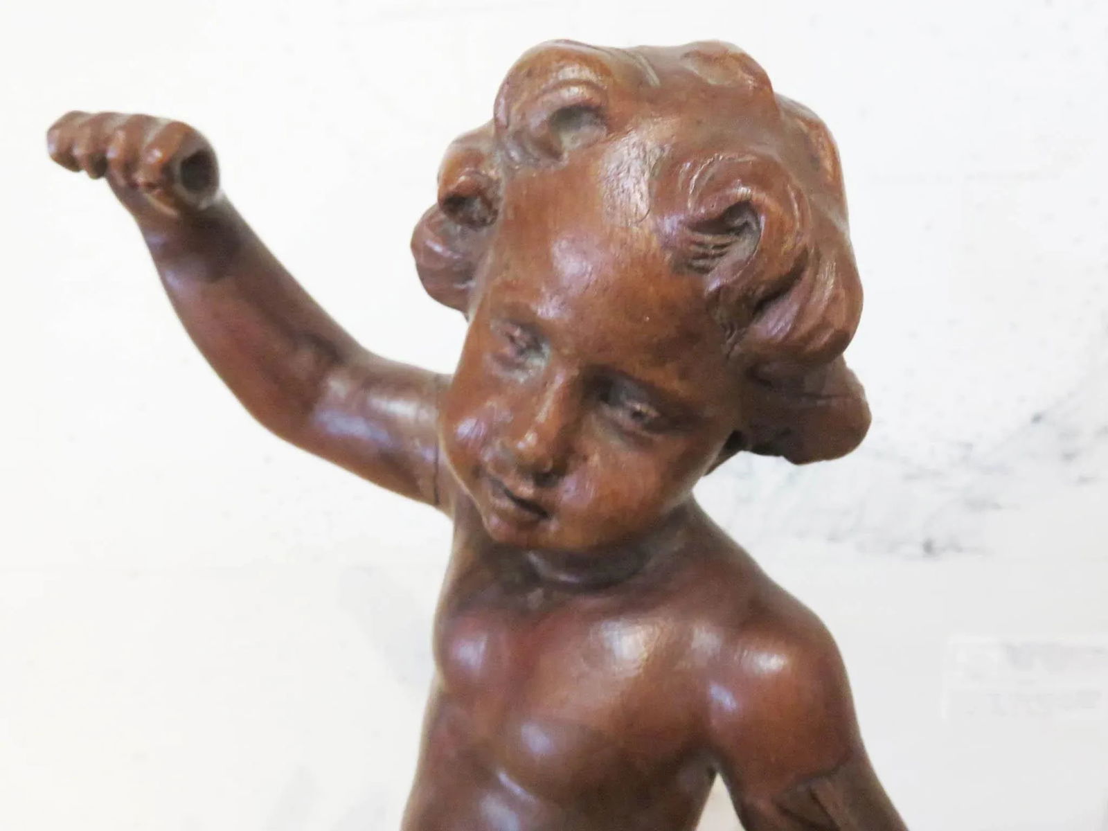 Antique Spanish Walnut Cherub on Custom Iron Stand - 4