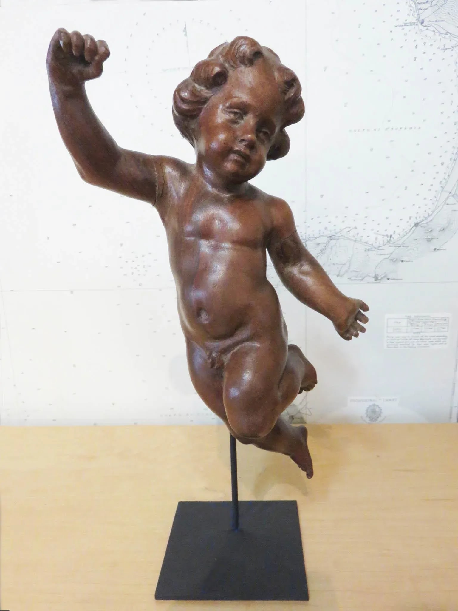 Antique Spanish Walnut Cherub on Custom Iron Stand - 5