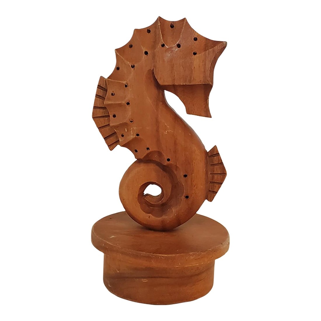 Late 20th Century Handcarved Wooden Seahorse, Appetizers & Entertaining Piece: Fabulous hand carved all wood seahorse with drilled toothpick holes to hold 50 appetizers. These types of serving pieces in a variety of animal shapes, with toothpick holes for appetizers, were quite