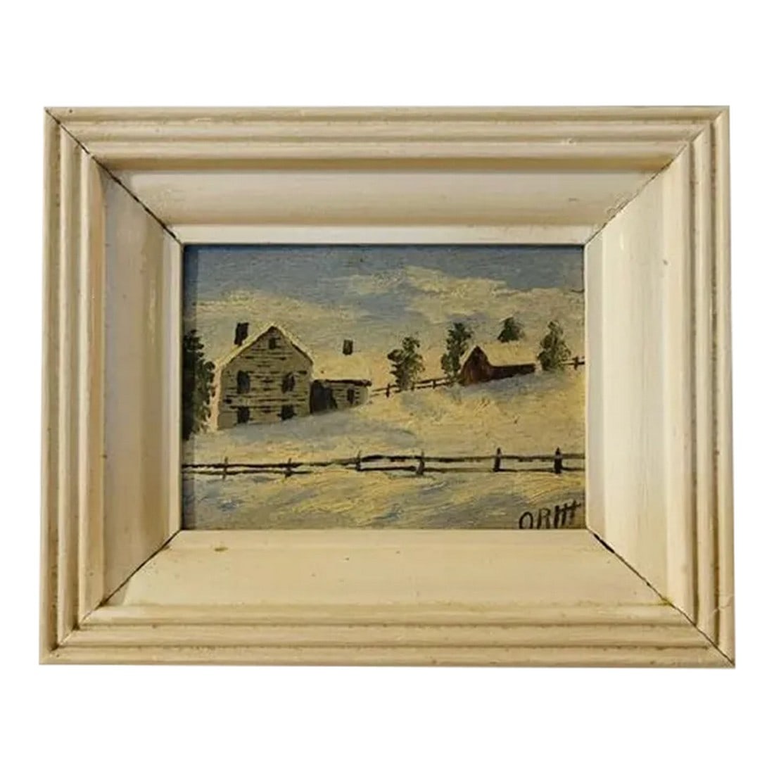 Petite Original Oil on Wood Rural Scene, Vintage: Lovely one of a kind petite original oil on wood painting of American pastoral scene signed by American artist ORHT. Peaceful rural scene in creams, blues, greens, grays and reds. In original thick wo