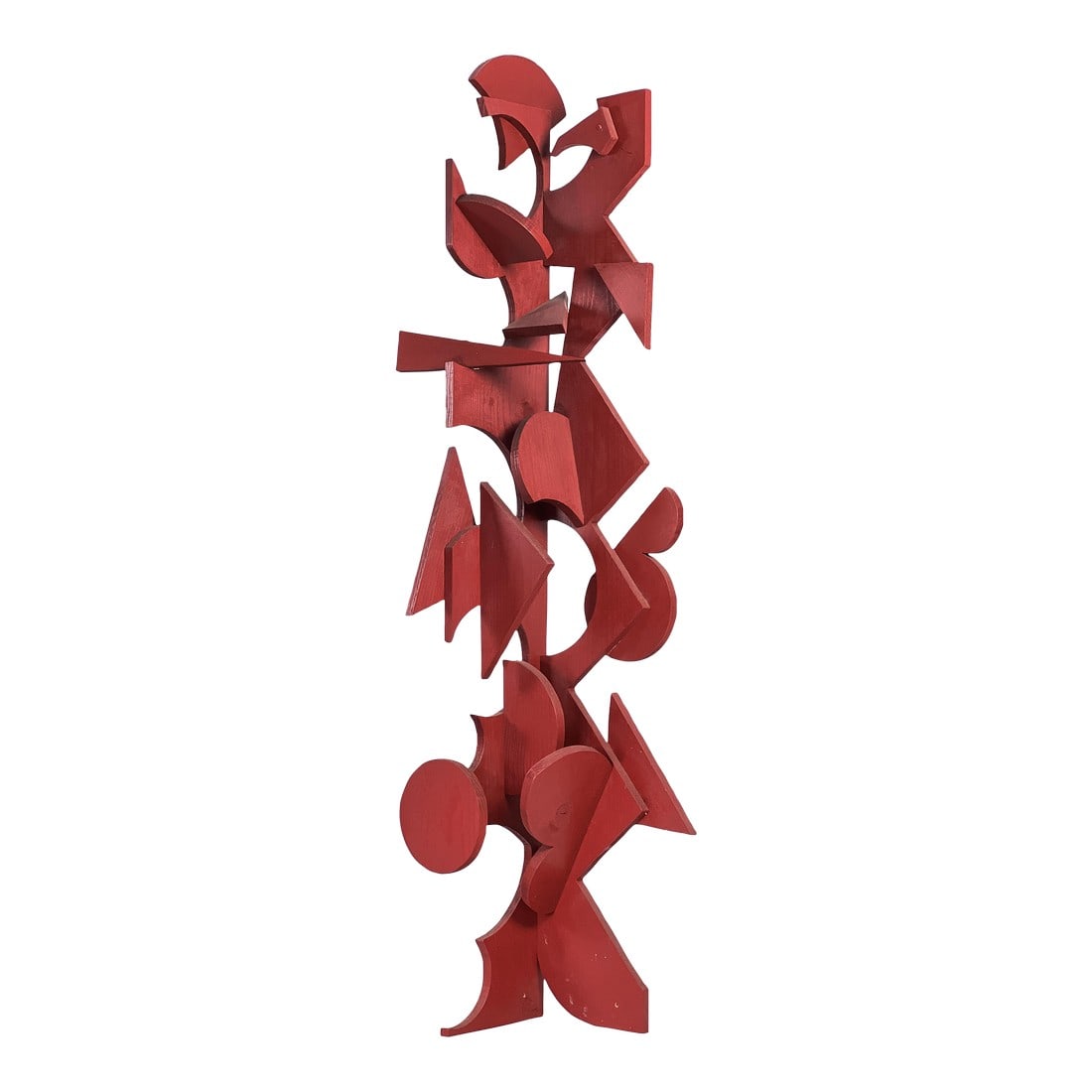 Vintage 1970s Large 66" Tall Abstract Geometric Painted Red Wood Floor Sculpture by Roger White (1 of 8)