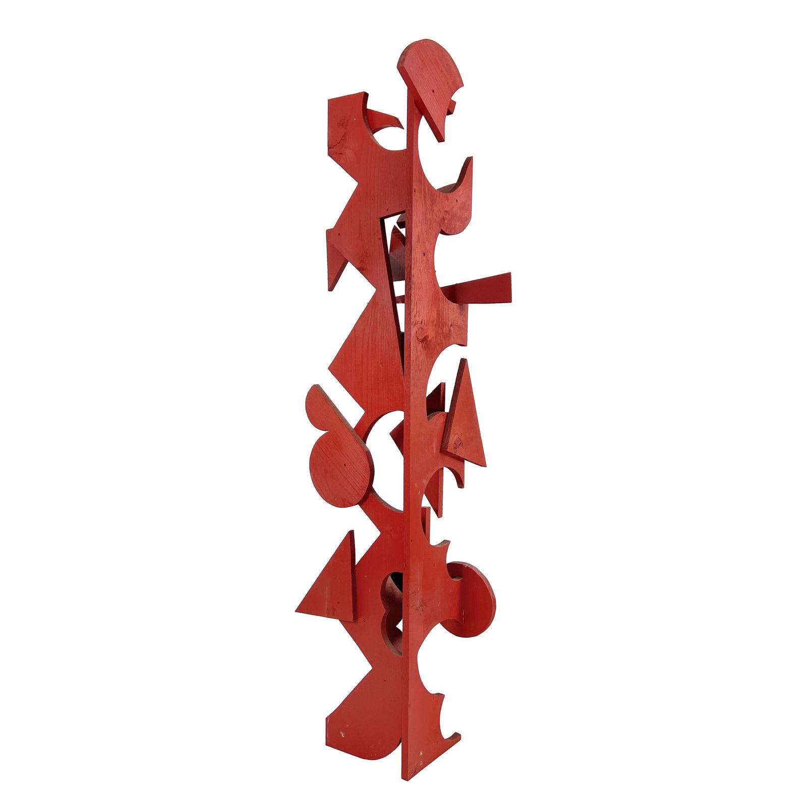 Vintage 1970s Large 66" Tall Abstract Geometric Painted Red Wood Floor Sculpture by Roger White - 3