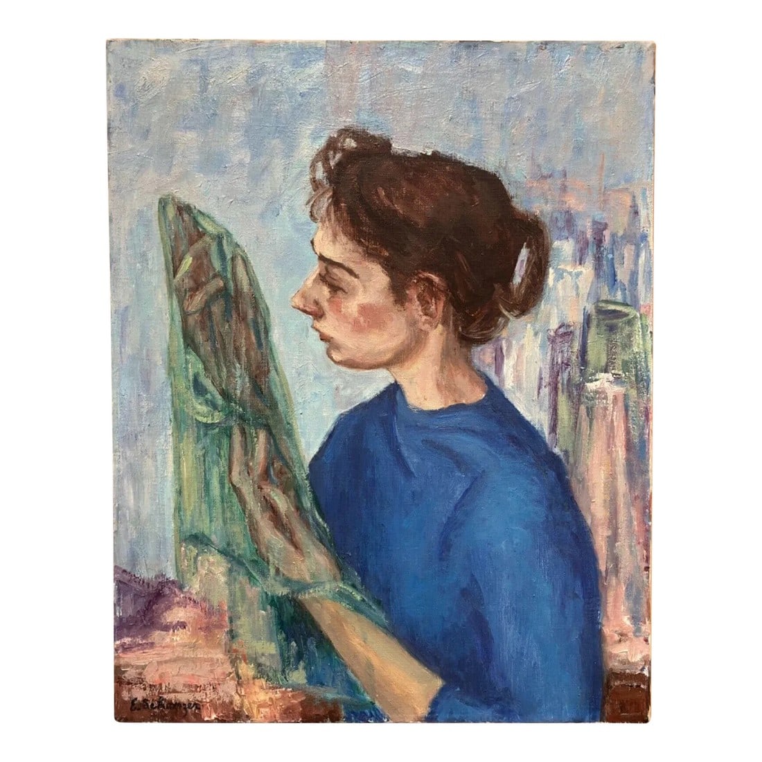 1940s Signed Portrait of Woman with Diaphanous Scarf in Style of Moses Soyer (1 of 5)