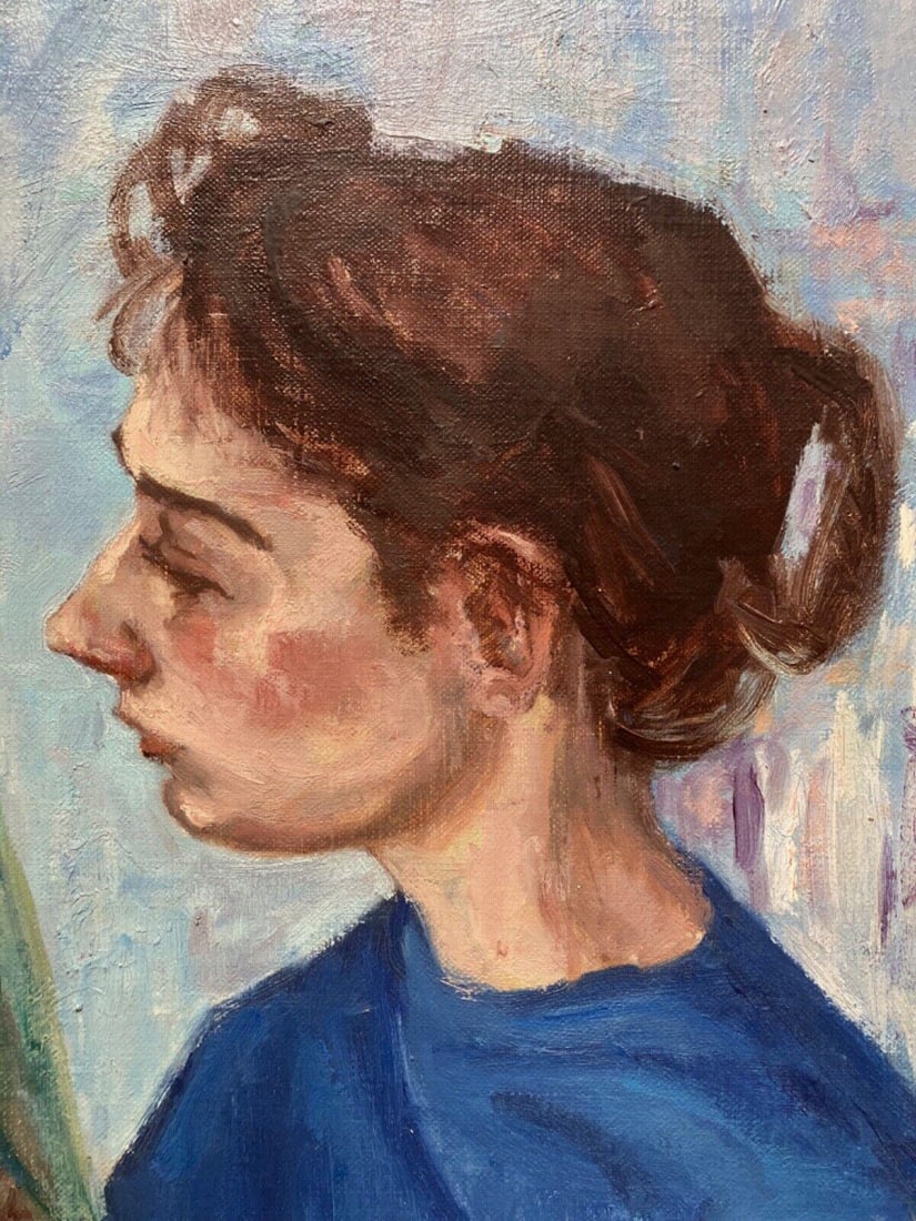 1940s Signed Portrait of Woman with Diaphanous Scarf in Style of Moses Soyer - 2