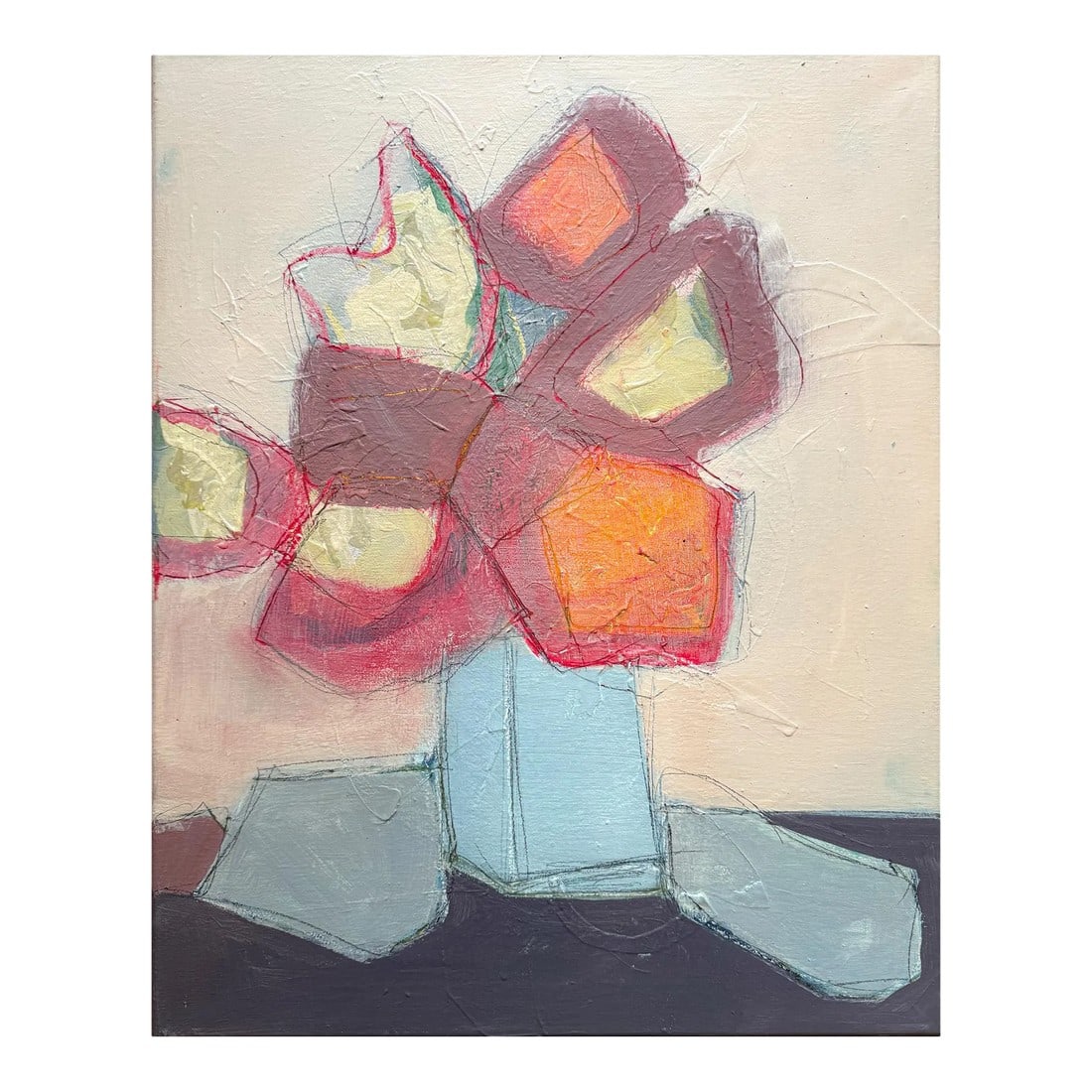 "Chemical Bloom" Original Mixed-Media Collage on Canvas by Zac Woodiel: Chemical Bloom is an original abstract mixed media collage on canvas by Zac Woodiel. This piece features an abstract still life of a vase of florals. The color palette is various shades of pinks and p