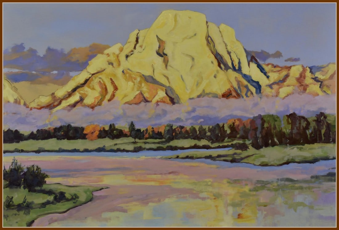 Tetons at Oxbow Bend' Large Original Oil Painting by Contemporary American Expressionist George Brin: Tetons at Oxbow Bend is a large 32.5-inch by 48-inch one of a kind original oil painted on a cradled hardboard panel. The mountain is rendered in yellows and oranges that echo in the waters of Oxbow B
