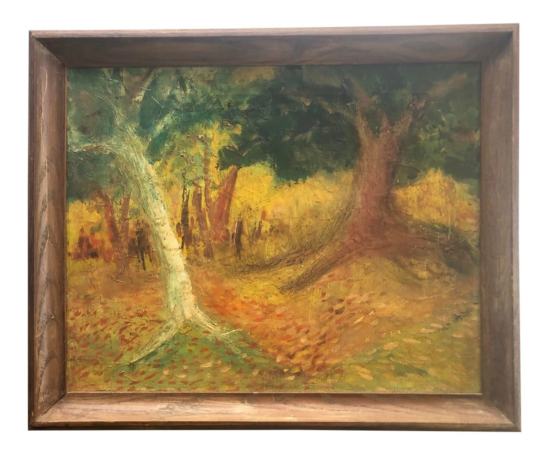 Vintage Landscape Painting Primitive Folk Art: We all have that special place in the home where what is needed is the just the right alchemy. Look no further, this warm vintage landscape will fill your void. Circa 1960's, this forest landscape