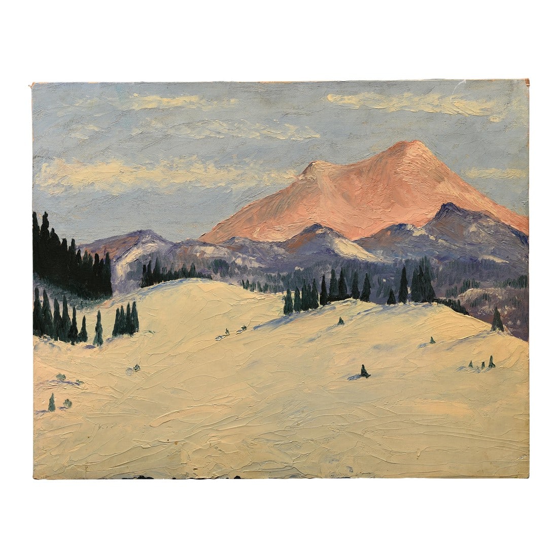 1970s Winter Mountainscape , Oil on Board: This serene winter landscape captures a breathtaking scene of a snow-covered mountain range. The foreground is dominated by a blanket of pristine snow, punctuated by a few scattered trees. The distant