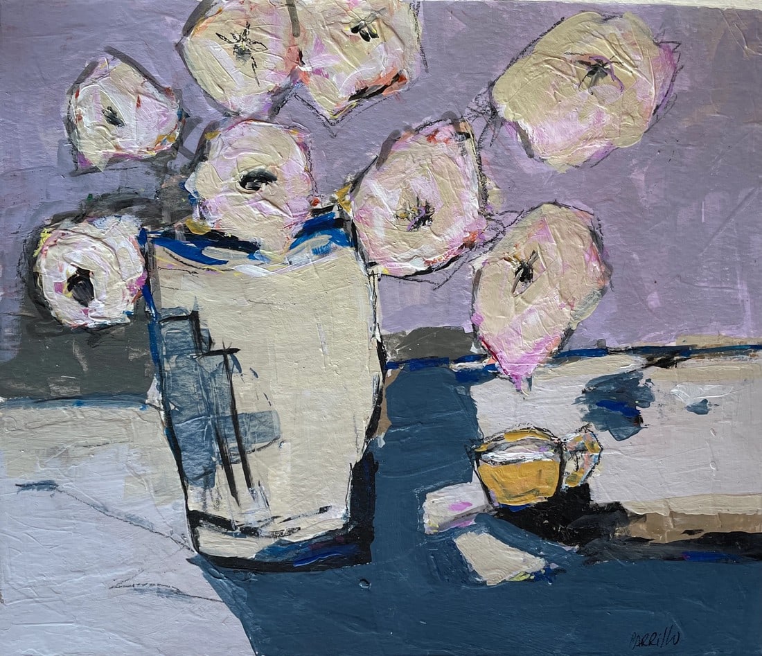 "Blush"? a Collage of Paper and Paint by C. Carrillo: Collage allows so much freedom to create. This piece uses tea bag paper blended with paint leaving a very textural surface. The acrylic paint is applied with big broad strokes. There is a 3/4" w