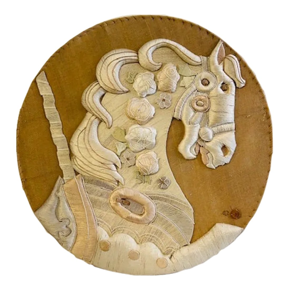 Large Don Freedman "Elegance" Carousel Horse Tapestry Wall Art Hanging Fabric Art, 1970s: This is an original vintage Don Freedman large scale fabric wall art piece. It is equestrian in style with with a beautiful horse carousel motif. The title is "Elegance". The soft cream tones of the p