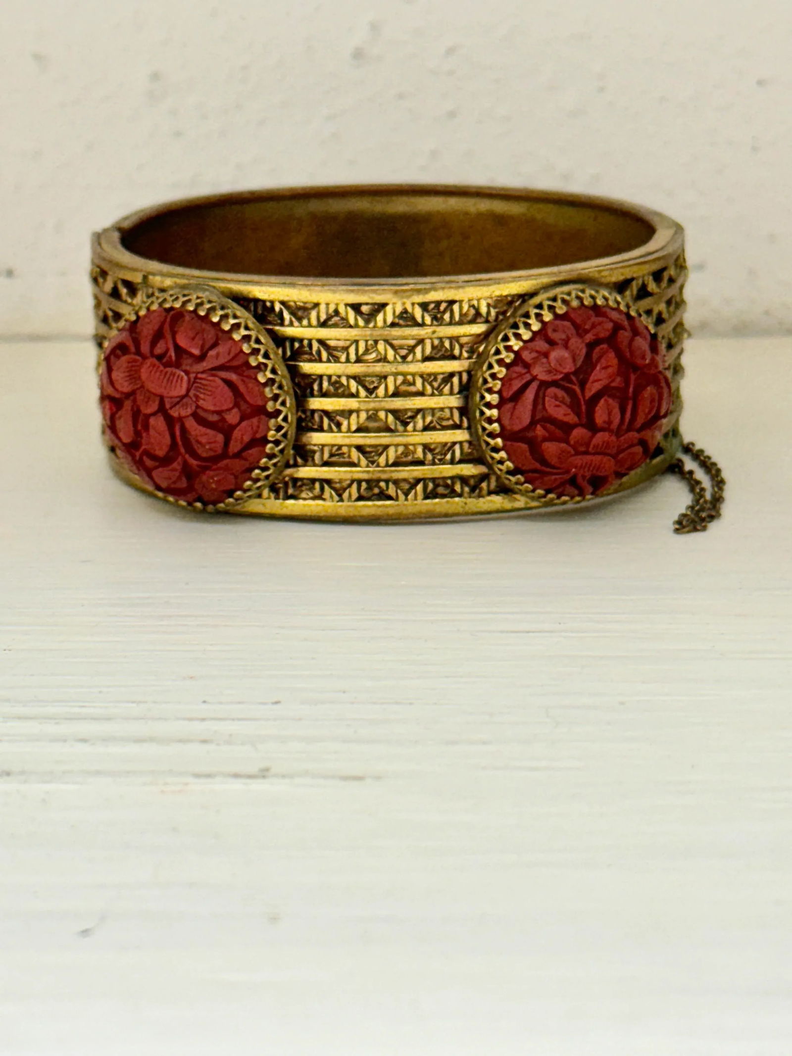 Antique Cinnabar and Brass Bracelet - 10