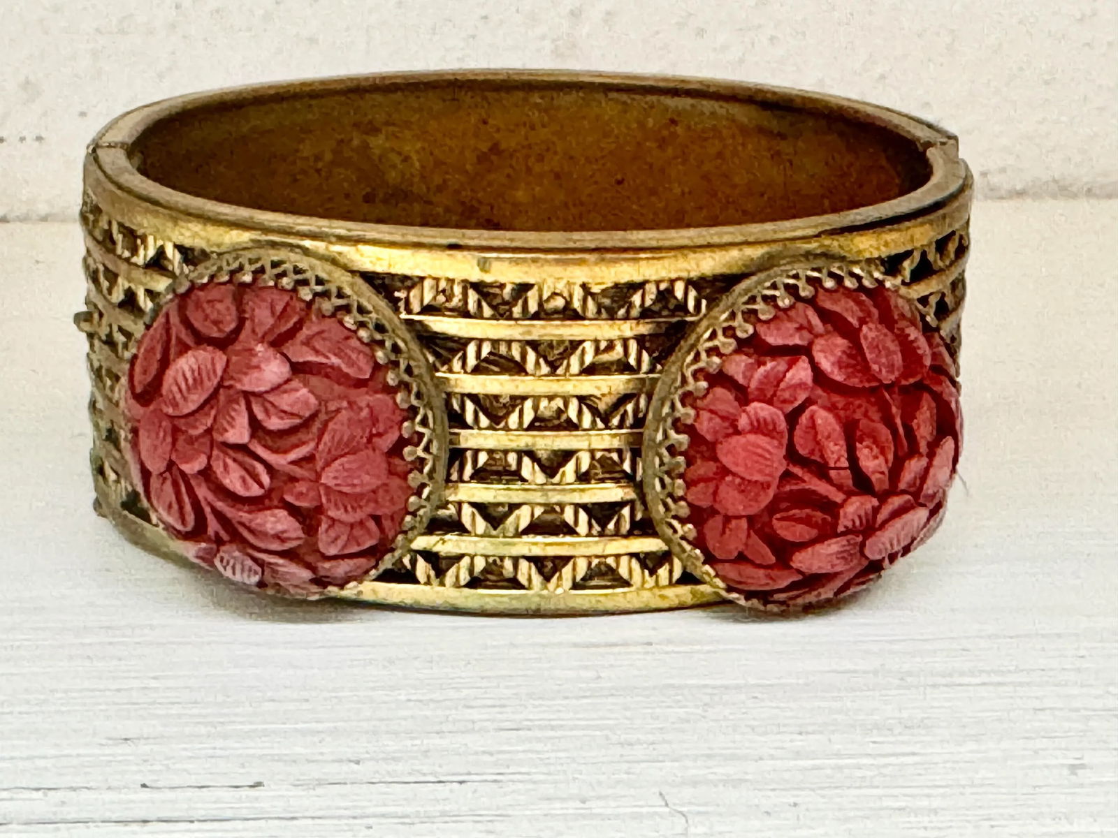 Antique Cinnabar and Brass Bracelet - 3