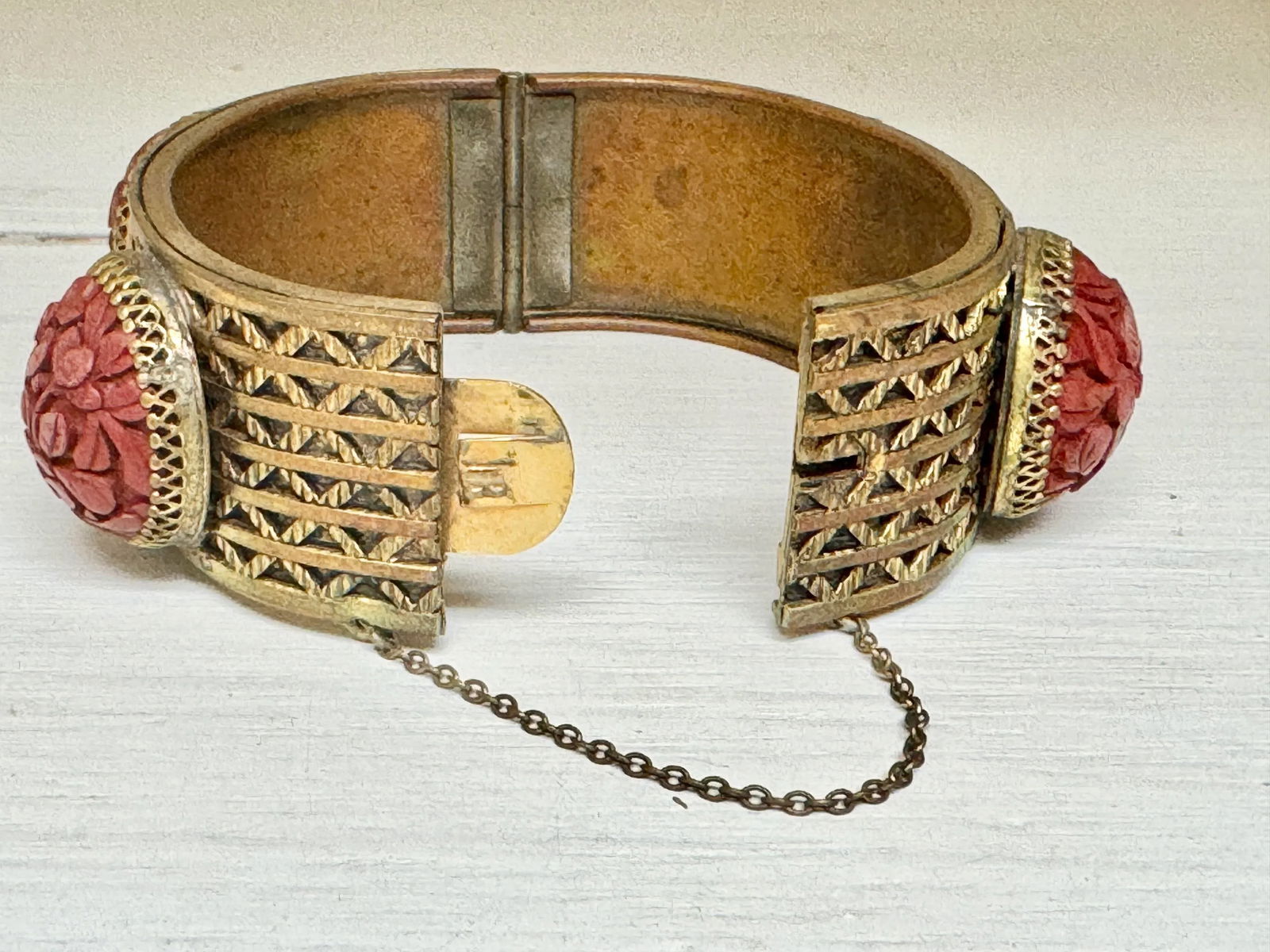 Antique Cinnabar and Brass Bracelet - 4