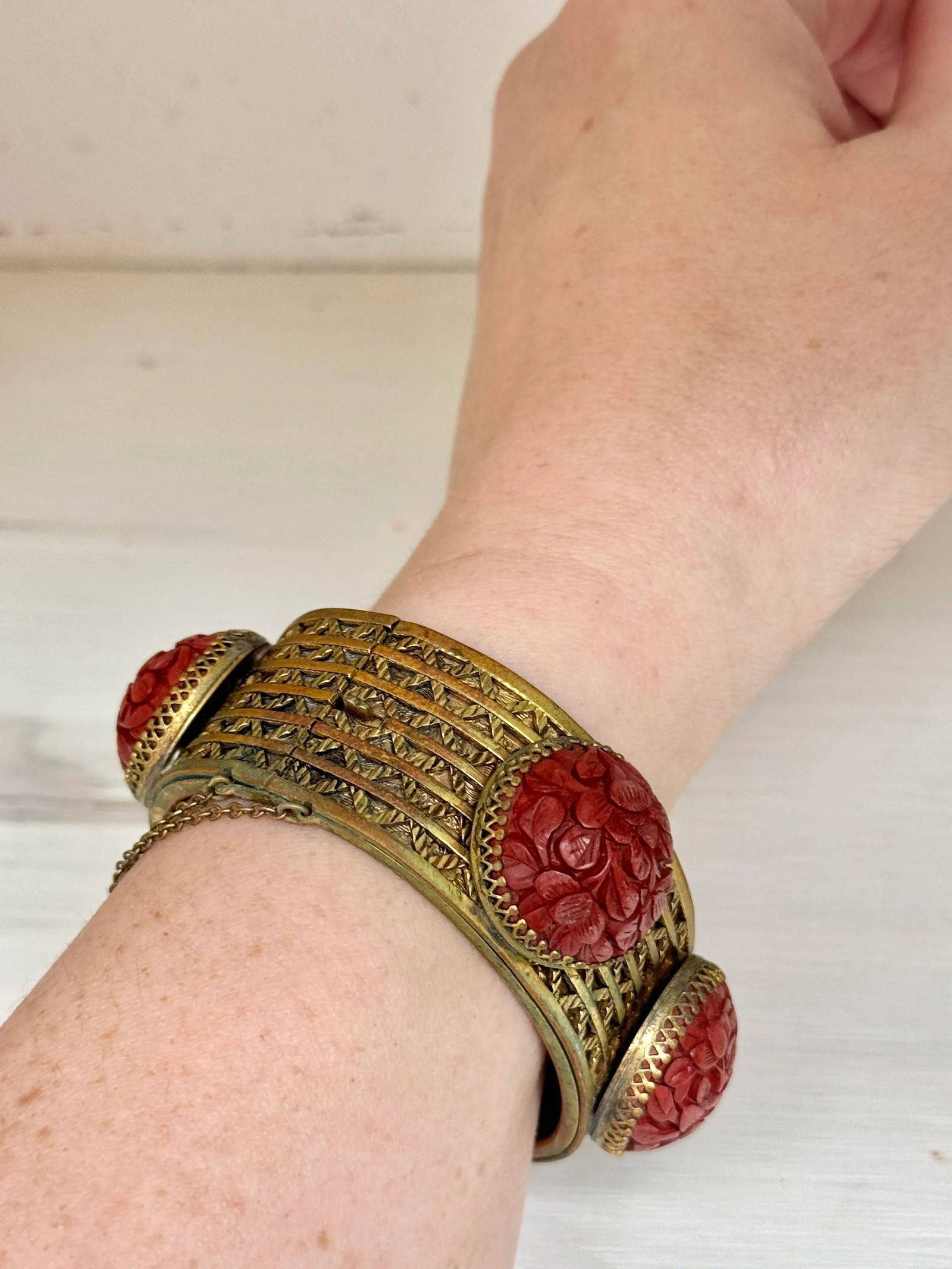 Antique Cinnabar and Brass Bracelet - 5